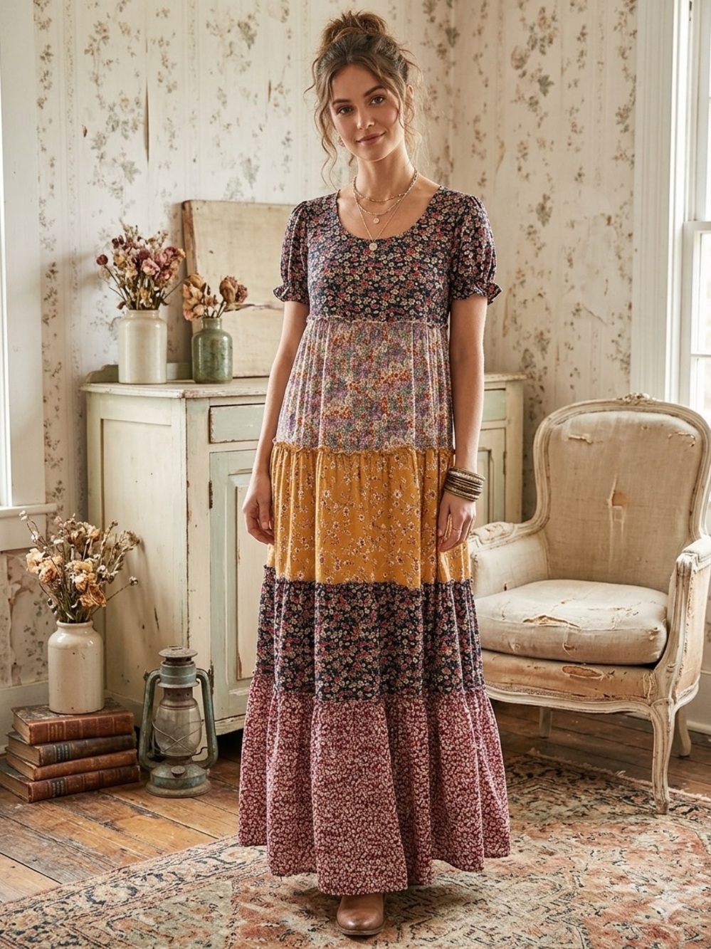 NATURAL LIFE Floral Patchwork Tiered Maxi Dress - Mustard & Mauve
